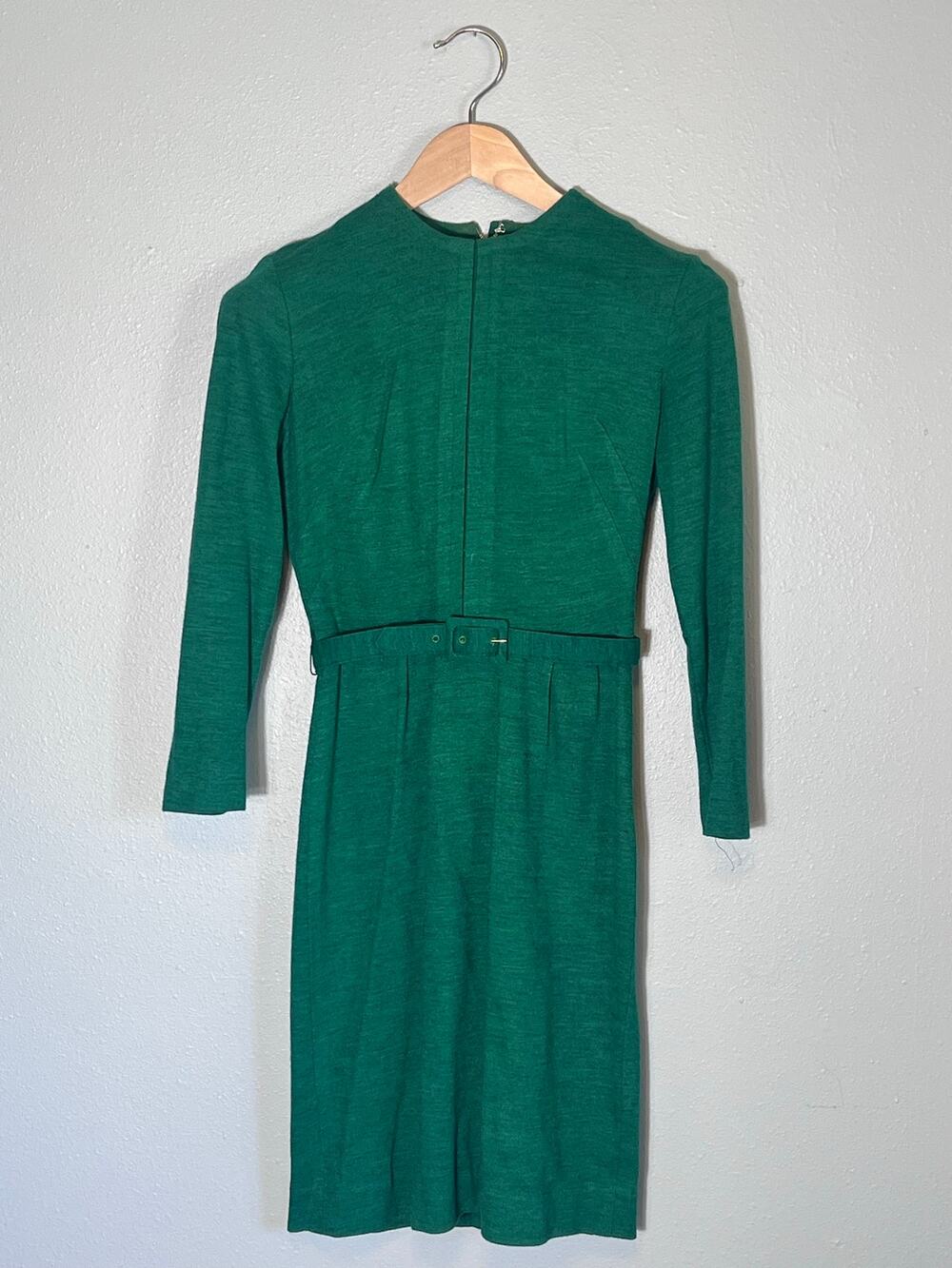 Vintage Vibrant Green Emerald Dress Wool Blend Small (Vtg Sz 9) Belt Pleats